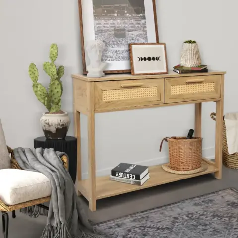 Console Table With 2 Drawers, Sofa Table, Entryway Table With Open Storage Shelf, Narrow Accent Table With Rattan Design For Living Roomentryway 6