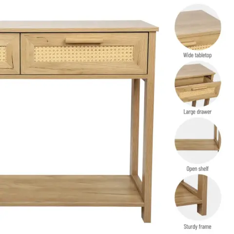 Console Table With 2 Drawers, Sofa Table, Entryway Table With Open Storage Shelf, Narrow Accent Table With Rattan Design For Living Roomentryway 8