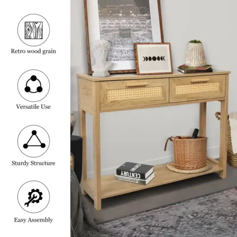 Console Table With 2 Drawers, Sofa Table, Entryway Table With Open Storage Shelf, Narrow Accent Table With Rattan Design For Living Roomentryway 9