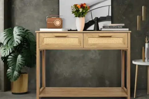 Console Table With 2 Drawers, Sofa Table, Entryway Table With Open Storage Shelf, Narrow Accent Table With Rattan Design For Living Roomentryway