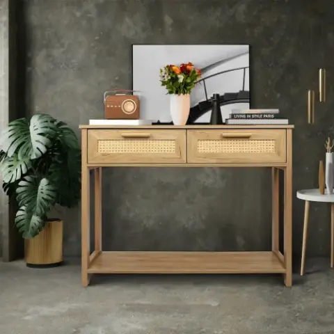 Console Table with 2 Drawers, Sofa Table, Entryway Table with open Storage Shelf, Narrow Accent Table with rattan design for Living Room/Entryway