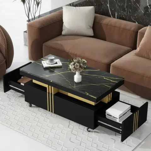 Contemporary Coffee Table With Faux Marble Top, Rectangle Cocktail Table With Caster Wheels, Moderate Luxury Center Table With Gold Metal Bars For Living Room, Black 1