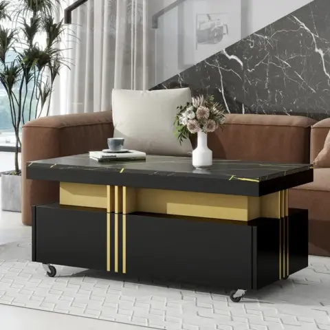 Contemporary Coffee Table With Faux Marble Top, Rectangle Cocktail Table With Caster Wheels, Moderate Luxury Center Table With Gold Metal Bars For Living Room, Black 10