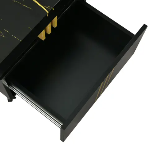 Contemporary Coffee Table With Faux Marble Top, Rectangle Cocktail Table With Caster Wheels, Moderate Luxury Center Table With Gold Metal Bars For Living Room, Black 11