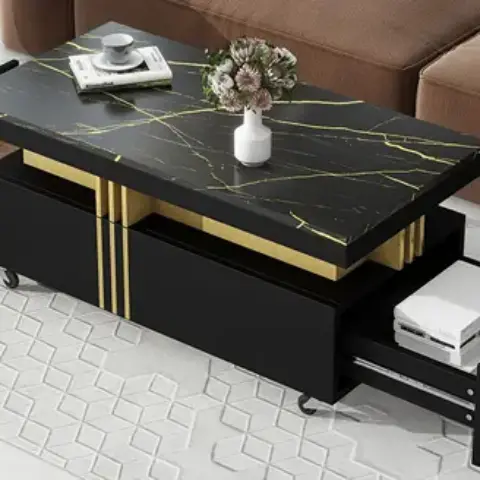 Contemporary Coffee Table With Faux Marble Top, Rectangle Cocktail Table With Caster Wheels, Moderate Luxury Center Table With Gold Metal Bars For Living Room, Black 12