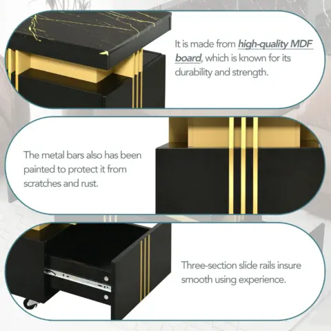 Contemporary Coffee Table With Faux Marble Top, Rectangle Cocktail Table With Caster Wheels, Moderate Luxury Center Table With Gold Metal Bars For Living Room, Black 17