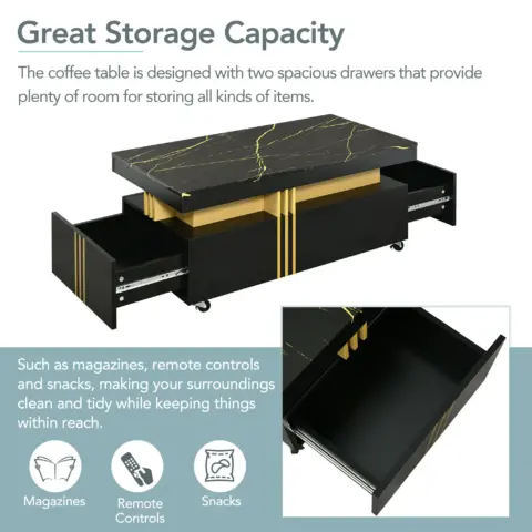 Contemporary Coffee Table With Faux Marble Top, Rectangle Cocktail Table With Caster Wheels, Moderate Luxury Center Table With Gold Metal Bars For Living Room, Black 18