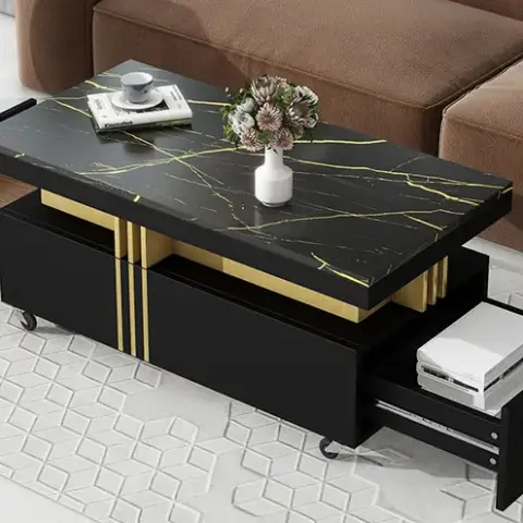 Contemporary Coffee Table With Faux Marble Top, Rectangle Cocktail Table With Caster Wheels, Moderate Luxury Center Table With Gold Metal Bars For Living Room, Black 3