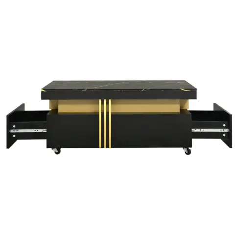 Contemporary Coffee Table With Faux Marble Top, Rectangle Cocktail Table With Caster Wheels, Moderate Luxury Center Table With Gold Metal Bars For Living Room, Black 7