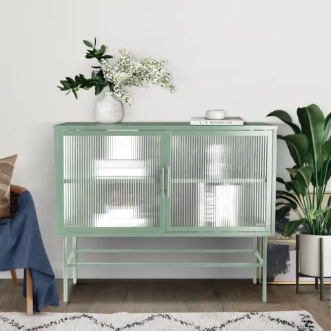 Double Door Tempered Glass Sideboard Console Table With 2 Fluted Glass Doors Adjustable Shelf And Feet Anti Tip Dust Free Kitchen Credenza Cabinet 2