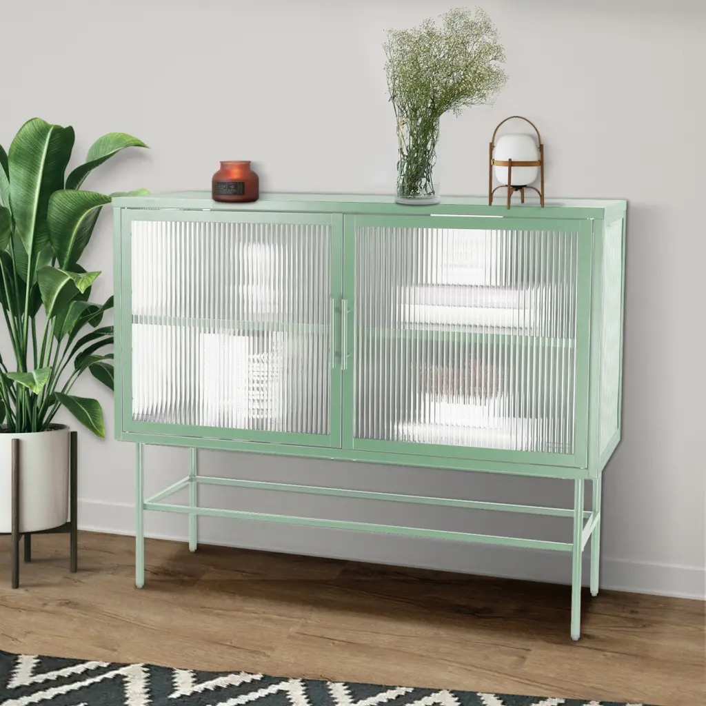 Double Door Tempered Glass Sideboard Console Table With 2 Fluted Glass Doors Adjustable Shelf And Feet Anti Tip Dust Free Kitchen Credenza Cabinet 9