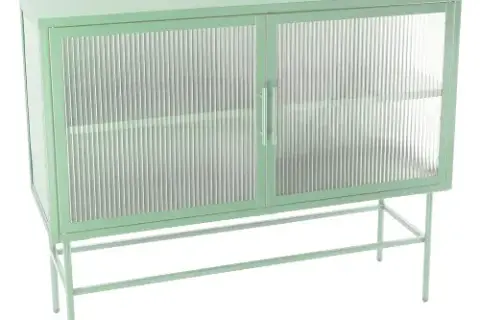 Double Door Tempered Glass Sideboard Console Table With 2 Fluted Glass Doors Adjustable Shelf And Feet Anti Tip Dust Free Kitchen Credenza Cabinet Light Green