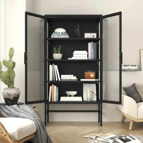 Double Glass Door Storage Cabinet With Adjustable Shelves And Feet Cold Rolled Steel Sideboard Furniture For Living Room Kitchen Black 11