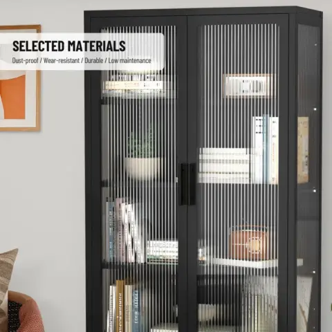 Double Glass Door Storage Cabinet With Adjustable Shelves And Feet Cold Rolled Steel Sideboard Furniture For Living Room Kitchen Black 12