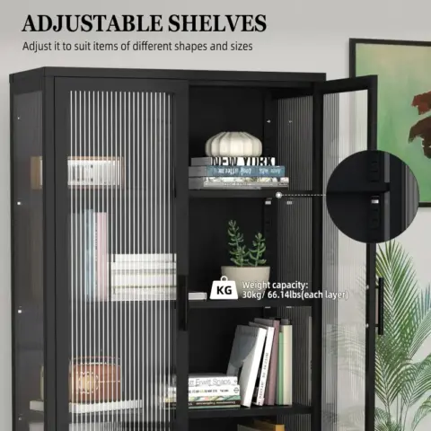 Double Glass Door Storage Cabinet With Adjustable Shelves And Feet Cold Rolled Steel Sideboard Furniture For Living Room Kitchen Black 13