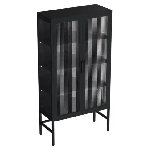 Double Glass Door Storage Cabinet With Adjustable Shelves And Feet Cold Rolled Steel Sideboard Furniture For Living Room Kitchen Black 14