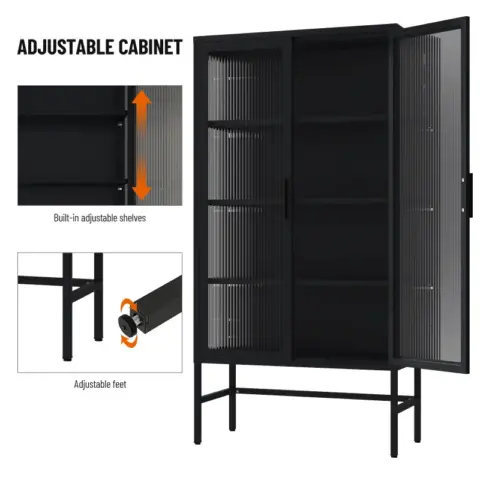 Double Glass Door Storage Cabinet With Adjustable Shelves And Feet Cold Rolled Steel Sideboard Furniture For Living Room Kitchen Black 15