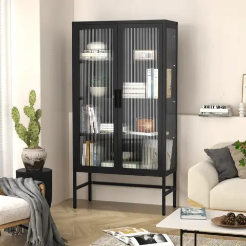 Double Glass Door Storage Cabinet With Adjustable Shelves And Feet Cold Rolled Steel Sideboard Furniture For Living Room Kitchen Black 16