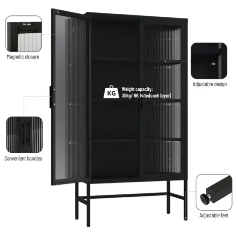 Double Glass Door Storage Cabinet With Adjustable Shelves And Feet Cold Rolled Steel Sideboard Furniture For Living Room Kitchen Black 18