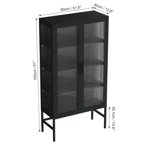 Double Glass Door Storage Cabinet With Adjustable Shelves And Feet Cold Rolled Steel Sideboard Furniture For Living Room Kitchen Black 19