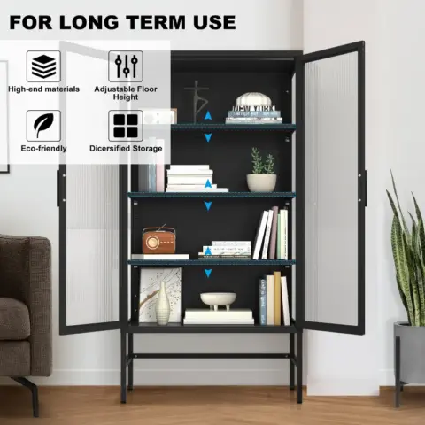 Double Glass Door Storage Cabinet With Adjustable Shelves And Feet Cold Rolled Steel Sideboard Furniture For Living Room Kitchen Black 2