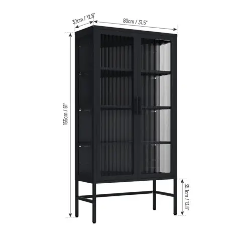 Double Glass Door Storage Cabinet With Adjustable Shelves And Feet Cold Rolled Steel Sideboard Furniture For Living Room Kitchen Black 21