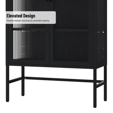 Double Glass Door Storage Cabinet With Adjustable Shelves And Feet Cold Rolled Steel Sideboard Furniture For Living Room Kitchen Black 22