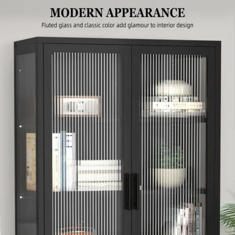 Double Glass Door Storage Cabinet With Adjustable Shelves And Feet Cold Rolled Steel Sideboard Furniture For Living Room Kitchen Black 23