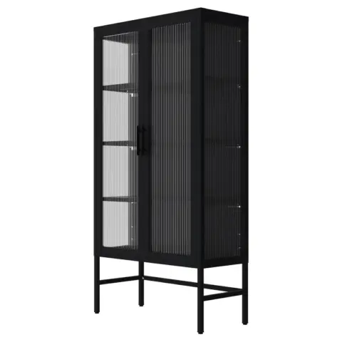 Double Glass Door Storage Cabinet With Adjustable Shelves And Feet Cold Rolled Steel Sideboard Furniture For Living Room Kitchen Black 24
