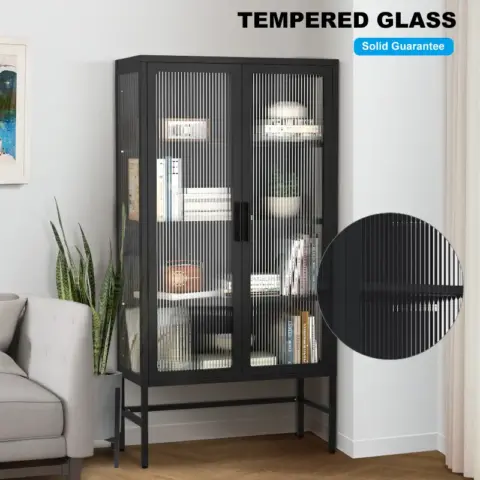 Double Glass Door Storage Cabinet With Adjustable Shelves And Feet Cold Rolled Steel Sideboard Furniture For Living Room Kitchen Black 25