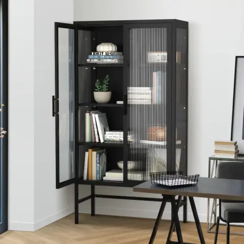 Double Glass Door Storage Cabinet With Adjustable Shelves And Feet Cold Rolled Steel Sideboard Furniture For Living Room Kitchen Black 26