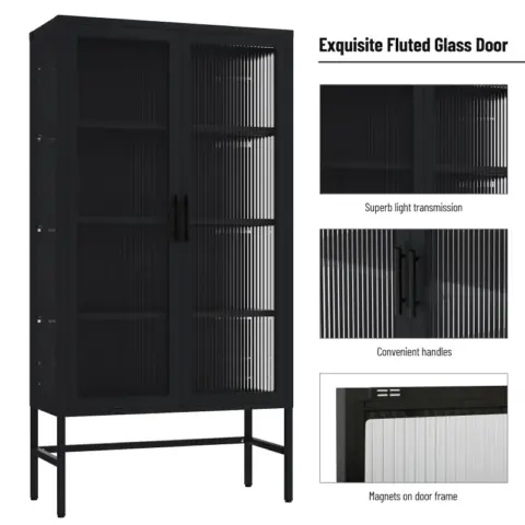 Double Glass Door Storage Cabinet With Adjustable Shelves And Feet Cold Rolled Steel Sideboard Furniture For Living Room Kitchen Black 27