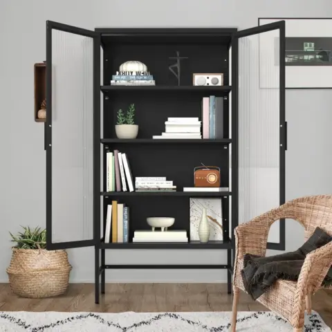 Double Glass Door Storage Cabinet With Adjustable Shelves And Feet Cold Rolled Steel Sideboard Furniture For Living Room Kitchen Black 28