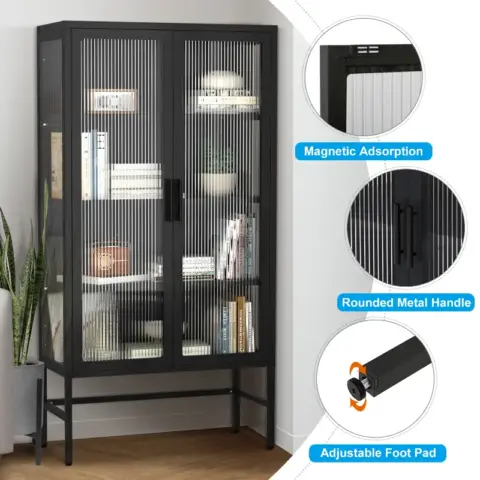 Double Glass Door Storage Cabinet With Adjustable Shelves And Feet Cold Rolled Steel Sideboard Furniture For Living Room Kitchen Black 3