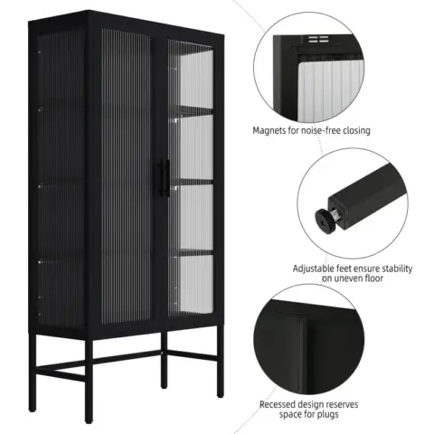 Double Glass Door Storage Cabinet With Adjustable Shelves And Feet Cold Rolled Steel Sideboard Furniture For Living Room Kitchen Black 4