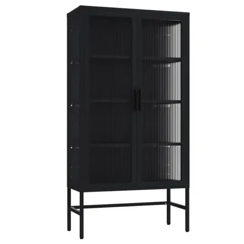 Double Glass Door Storage Cabinet With Adjustable Shelves And Feet Cold Rolled Steel Sideboard Furniture For Living Room Kitchen Black 6