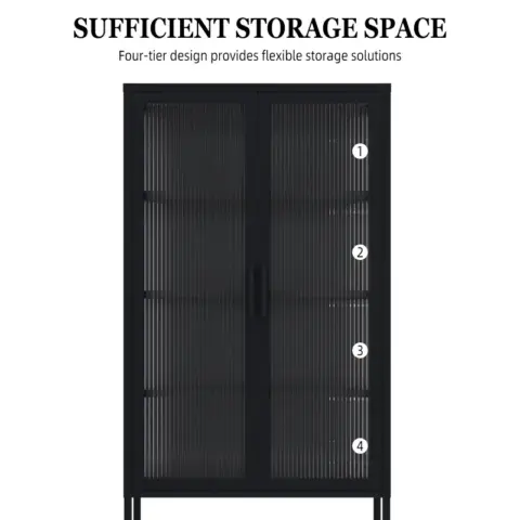 Double Glass Door Storage Cabinet With Adjustable Shelves And Feet Cold Rolled Steel Sideboard Furniture For Living Room Kitchen Black 7