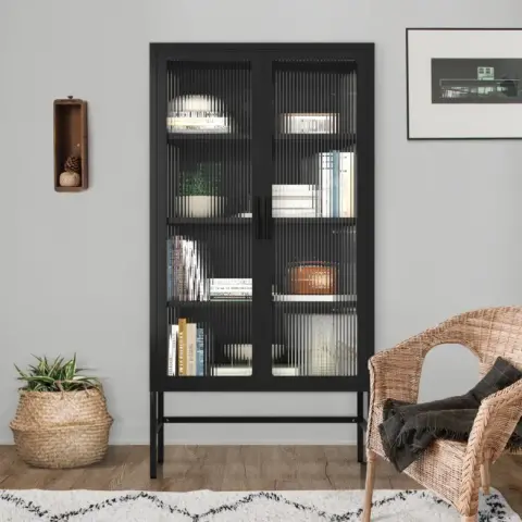 Double Glass Door Storage Cabinet With Adjustable Shelves And Feet Cold Rolled Steel Sideboard Furniture For Living Room Kitchen Black 8