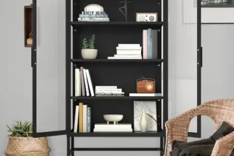 Double Glass Door Storage Cabinet With Adjustable Shelves And Feet Cold Rolled Steel Sideboard Furniture For Living Room Kitchen Black
