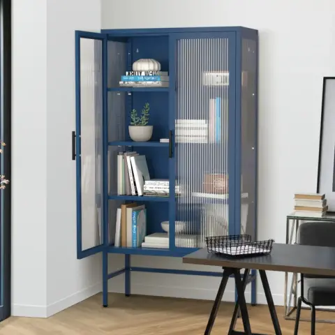 Double Glass Door Storage Cabinet with Adjustable Shelves and Feet Cold-Rolled Steel Sideboard Furniture for Living Room Kitchen BLUE