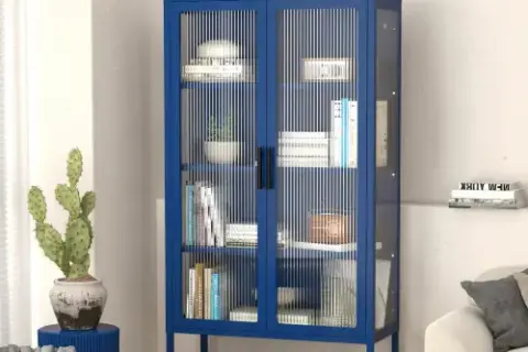 Double Glass Door Storage Cabinet With Adjustable Shelves And Feet Cold Rolled Steel Sideboard Furniture For Living Room Kitchen Blue