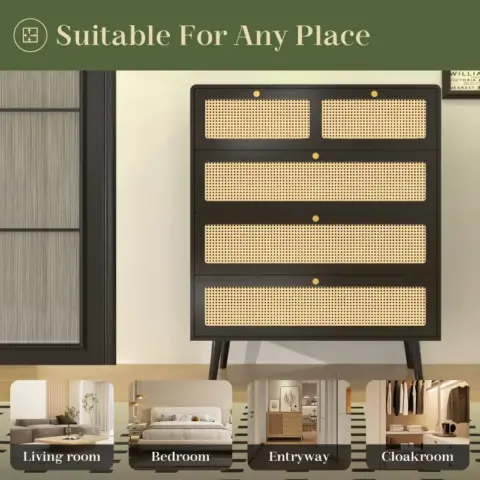 Drawer Dresser, Modern Rattan Dresser Chest with Wide Drawers and Metal Handles, Farmhouse Wood Storage Chest of Drawers for Bedroom, Living Room