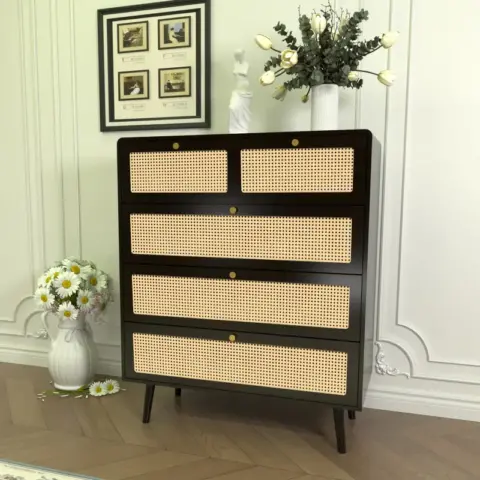 Drawer Dresser, Modern Rattan Dresser Chest with Wide Drawers and Metal Handles, Farmhouse Wood Storage Chest of Drawers for Bedroom, Living Room