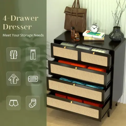 Drawer Dresser, Modern Rattan Dresser Chest with Wide Drawers and Metal Handles, Farmhouse Wood Storage Chest of Drawers for Bedroom, Living Room