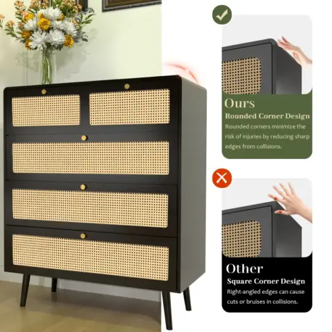 Drawer Dresser, Modern Rattan Dresser Chest with Wide Drawers and Metal Handles, Farmhouse Wood Storage Chest of Drawers for Bedroom, Living Room