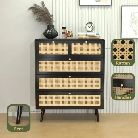 Drawer Dresser, Modern Rattan Dresser Chest with Wide Drawers and Metal Handles, Farmhouse Wood Storage Chest of Drawers for Bedroom, Living Room