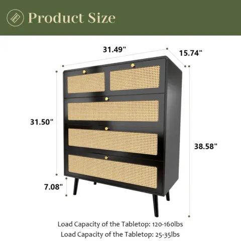 Drawer Dresser, Modern Rattan Dresser Chest with Wide Drawers and Metal Handles, Farmhouse Wood Storage Chest of Drawers for Bedroom, Living Room