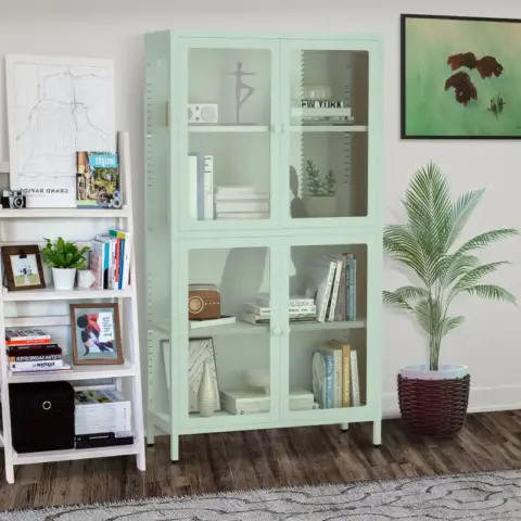 Four Glass Door Storage Cabinet With Adjustable Shelves And Feet Cold Rolled Steel Sideboard Furniture For Living Room Kitchen Mint Green 10