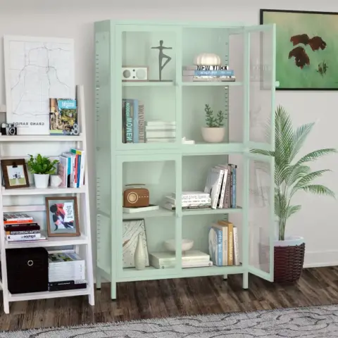 Four Glass Door Storage Cabinet With Adjustable Shelves And Feet Cold Rolled Steel Sideboard Furniture For Living Room Kitchen Mint Green 2