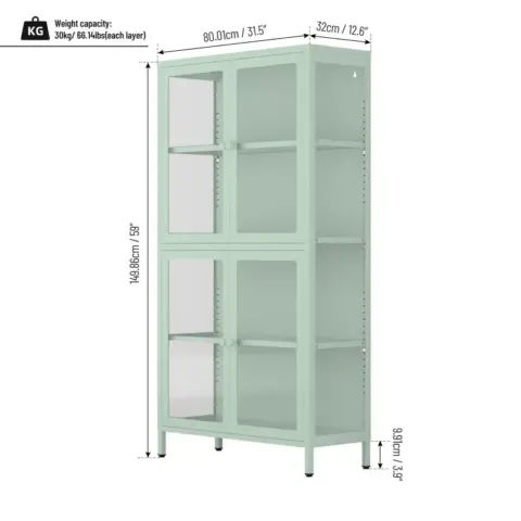 Four Glass Door Storage Cabinet With Adjustable Shelves And Feet Cold Rolled Steel Sideboard Furniture For Living Room Kitchen Mint Green 3